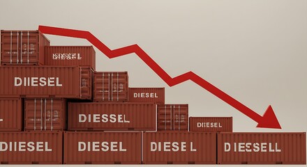 The decreasing stacks of marked diesel containers accompanied by a sharp red arrow effectively communicate a decline in diesel fuel availability or consumption, impacting logistics and potentially dri