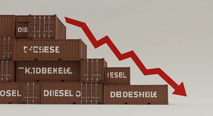 Stacks of diesel containers progressively decreasing in height alongside a prominent red downward arrow visually represent a significant drop in fuel supply or demand within the transportation and ene