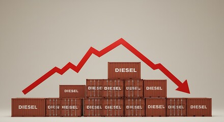 This stark visual metaphor uses diesel containers and a falling red line to illustrate a downturn in the petroleum industry, prompting considerations for economic sustainability and future energy alte