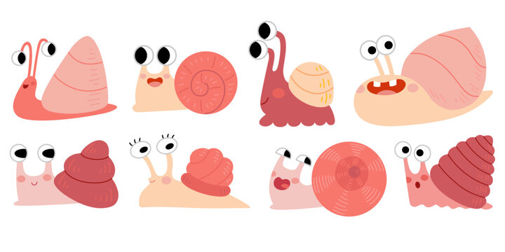 Naklejki Set of cute cartoon snails with expressive faces and colorful shells. Kawaii-style vector characters . Flat style illustration, isolated on white background.