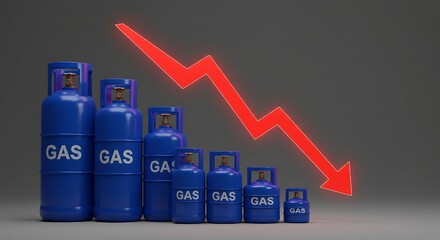 Against a clean, bright background, the receding line of gas cylinders and a clear red downward arrow visually represent a significant decrease in the value or availability of gas, reflecting broader 