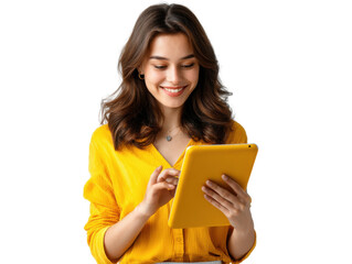Young Woman with Tablet: A young woman with flowing hair in a yellow shirt uses a tablet. She has a bright smile and appears to be enjoying the content on the device.