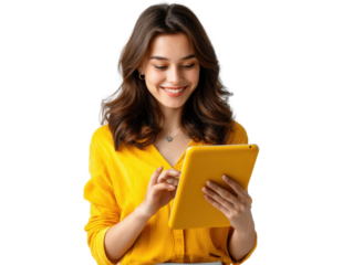 Young Woman with Tablet: A young woman with flowing hair in a yellow shirt uses a tablet. She has a bright smile and appears to be enjoying the content on the device.