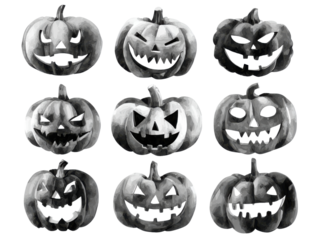 Halloween Carvings in Shadow: A spectral arrangement of carved pumpkins with menacing grins and eerie eyes, conjuring the spirit of All Hallows' Eve.