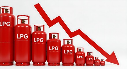 Against a bright, clean background, the receding line of LPG cylinders and a clear red downward arrow powerfully symbolize a significant decrease in the value or availability of liquefied petroleum