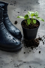 Watering a young plant in a pot with gardening tools on the soil
