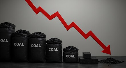 The diminishing piles of labeled coal bags accompanied by a prominent red descending arrow effectively communicate a fall in coal demand or supply, impacting the industry and driving the need for clea