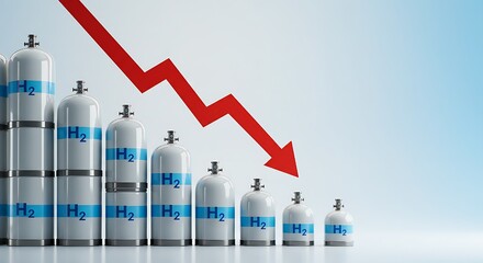 Against a bright, clean background, the receding line of hydrogen cylinders and a clear red downward arrow powerfully represents a significant decrease in the value or availability of this key green f