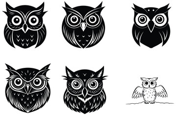 Set of Owl's Head Silhouette Vector Illustration