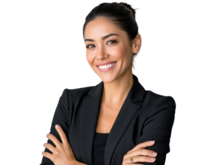 Confident Professional Woman: A captivating professional woman exudes confidence, dressed impeccably in a sharp black blazer, her radiant smile conveying warmth and professionalism.