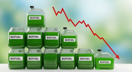 Against a bright, clean background, the receding line of biofuel jars and a clear red downward arrow powerfully represents a significant decrease in the value or stable supply of this green energy sou