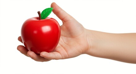 A child's hand holds a bright red apple with a green leaf, symbolizing health and nutrition.