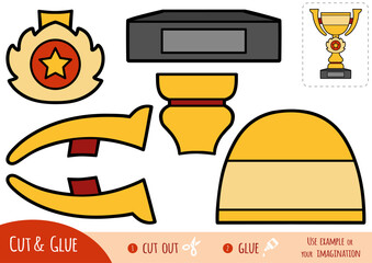 Cut and glue paper game for kids, Sports trophy cup. Educational printable with paper trophy pieces to cut and assemble.