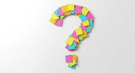 Colorful sticky notes arranged in the shape of a question mark on a white background.