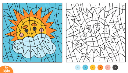 Color by number, education game for kids, Sun and white clouds in the blue sky. Square coloring page