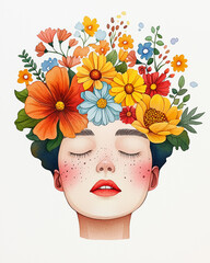 Serene illustration of woman with closed eyes, adorned with vibrant floral crown featuring various colorful flowers, symbolizing peace and beauty