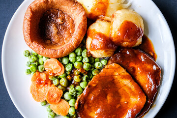 Roast Beef Vegetables and Yorkshire Pudding Traditional British Sunday Roast