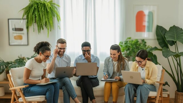 Multicultural remote team collaborating in stylish home office