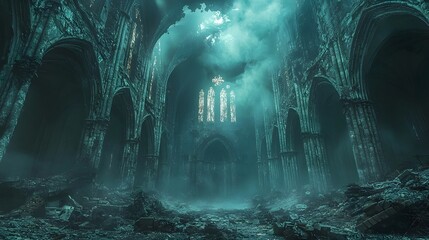 A ruined cathedral filled with blue mist the last sanctuary of humanity before the final end