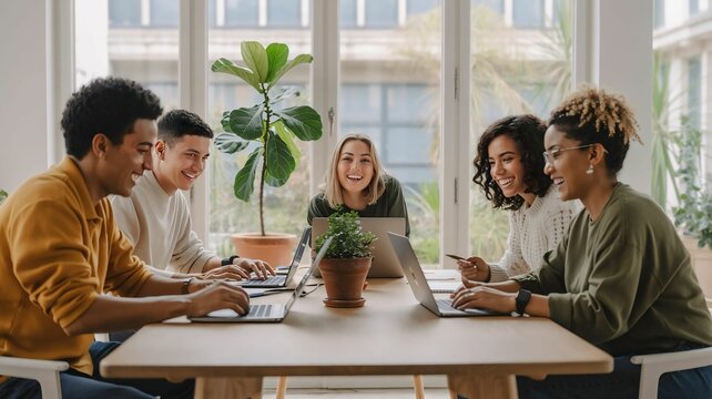 Multicultural remote team collaborating in stylish home office