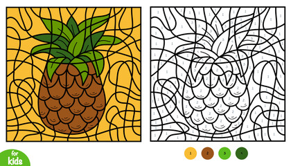 Cute cartoon pineapple color by number. Educational summer activity page for kids