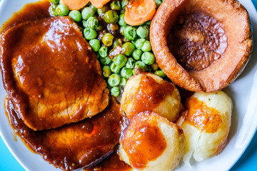 Roast Beef Vegetables and Yorkshire Pudding Traditional British Sunday Roast