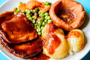 Roast Beef Vegetables and Yorkshire Pudding Traditional British Sunday Roast