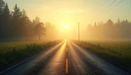 Obraz premium Road Towards the Sun Through Foggy Landscape