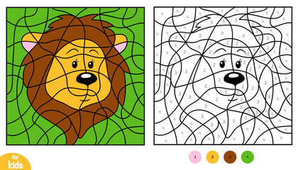 Cute cartoon lion head color by number page for kids. Fun and educational activity game for preschool and kindergarten children