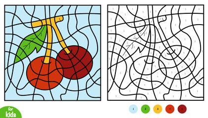 Color by number cherry branch. Cute educational worksheet for kids
