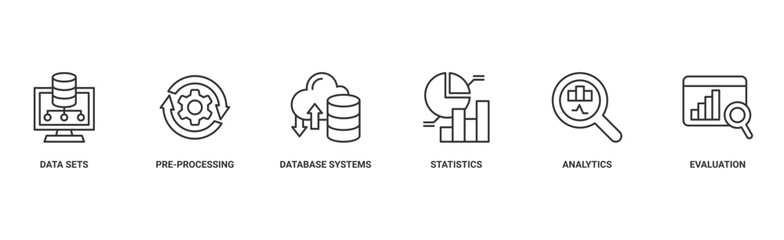 Data mining banner web icon vector illustration concept with icon of data sets, pre-processing, database systems, statistics, analytics and evaluation