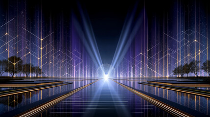 Obraz premium Digital Skyline: A mesmerizing digital rendering of an urban landscape, with interconnected lines of light creating a futuristic cityscape, trees, and a vibrant display of colors.