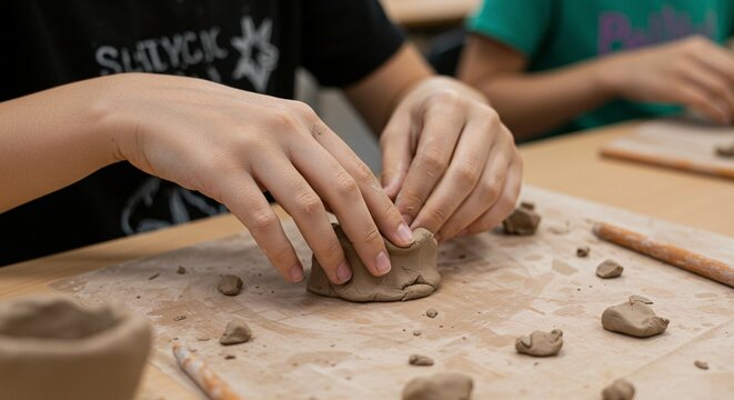 Child meticulously molds clay in a bright art class, fostering creativity and fine motor skills. - Powered by Adobe