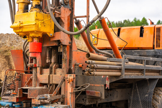 Drilling rig for pile installation and soil sampling. Heavy geotechnical equipment used for subsurface investigation and foundation works