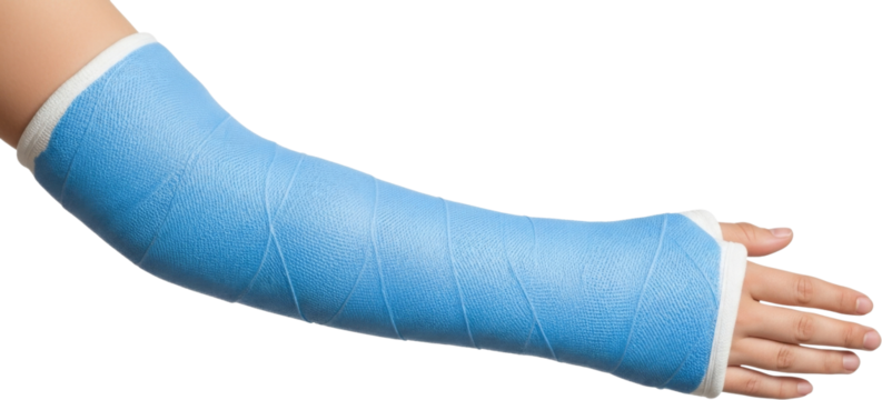 Close-up of a human arm wrapped in a white medical cast, extending from the upper arm to the fingers, suggesting a broken or fractured limb being treated and stabilized. Transparent Background