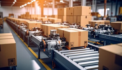 Automotive industrial supply chain mechanical parts concept. Warehouse conveyor system with boxes ready for distribution.
