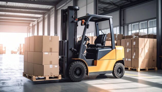 Automotive industrial supply chain mechanical parts concept. Forklift moving boxes in a warehouse setting.