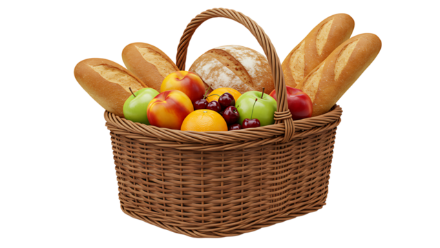 Wicker basket with bread fruits isolated on transparent background