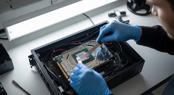 Pc maintenance scene with gloved technician cleaning computer graphics card in workshop