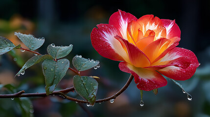 Rose Elegance: A close-up shot of a vibrant rose, its petals a stunning blend of red, orange, and white, adorned with delicate water droplets, embodying the beauty of nature.
