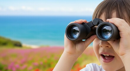 A young boy is using binoculars in an outdoor setting, with an ocean and colorful flowers in the background.