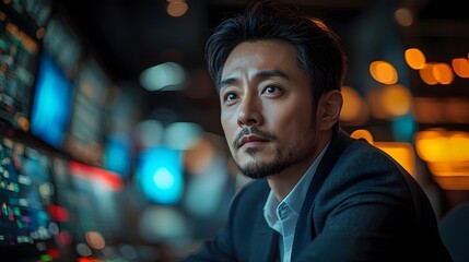 Obraz premium Focused Asian businessman analyzing investment portfolios at a luxury desk