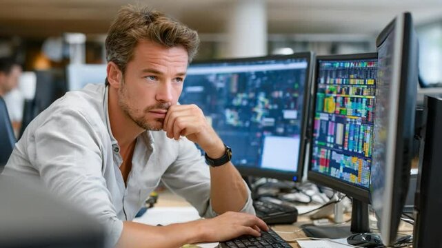 Concentration at Work: A focused professional, deep in thought, meticulously works at his desk, framed by computer monitors, capturing his unwavering dedication.