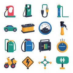 vector icons to vehicle fueling and charging a gasoline pump, an electric vehicle plug hydrogen mole