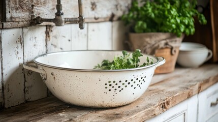 Vintage colander with rustic detailing on a farmhouse kitchen counter