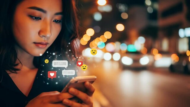Young woman using smart phone with floating icons of social media, Social media concept 4k video