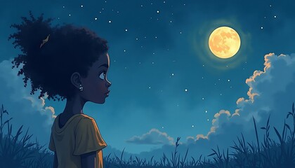 Girl Gazing at Moon and Stars Peaceful Night Scene Illustration