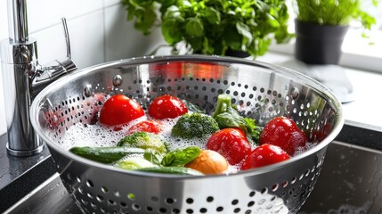 Metal colander with freshly washed vegetables in a kitchen sink