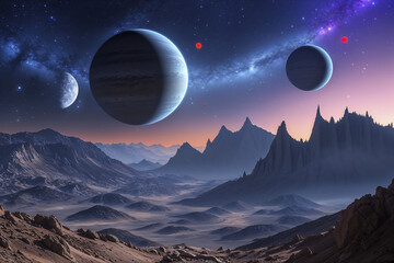 Distant planets and cosmic mountains create a breathtaking alien landscape under a starlit sky