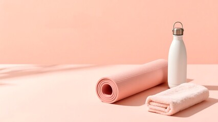 Rolled pink yoga mat, white water bottle, and towel on a peachcolored surface with soft shadows